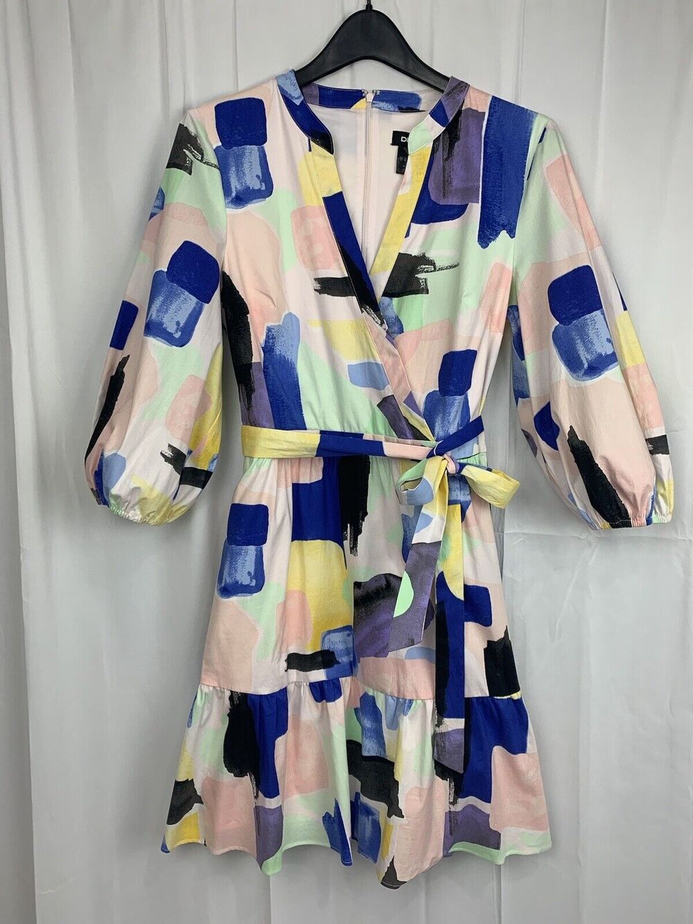 DKNY Women’s Water Color V-Neck Faux Wrap Shirt Dress 3/4 Sleeve Size 12